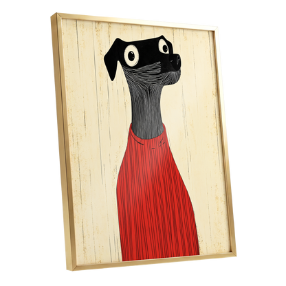 Red Jumper Hound, black, beige, red nature wall art shown as a gold framed poster wall art print