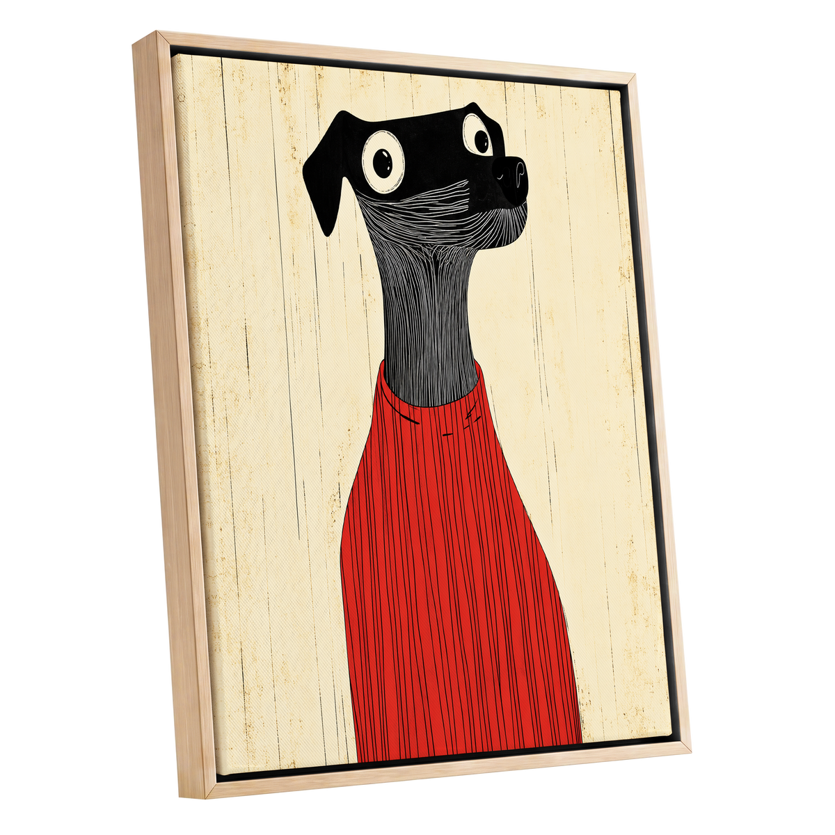 Red Jumper Hound, black, beige, red nature wall art shown as a oak framed canvas wall art