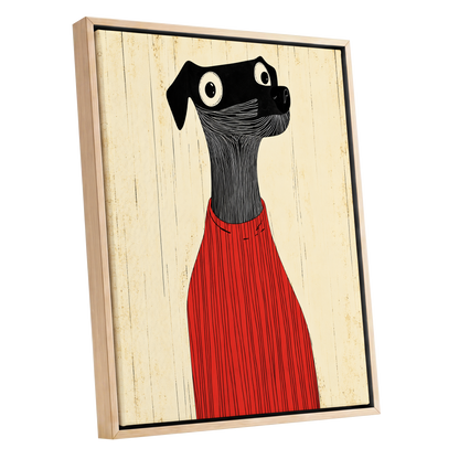 Red Jumper Hound, black, beige, red nature wall art shown as a oak framed canvas wall art