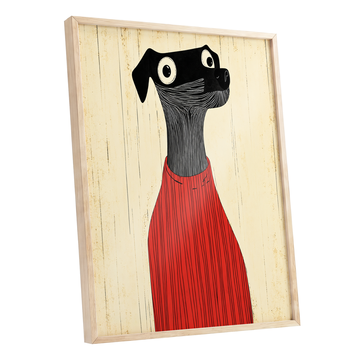 Red Jumper Hound, black, beige, red nature wall art shown as a oak framed poster wall art print
