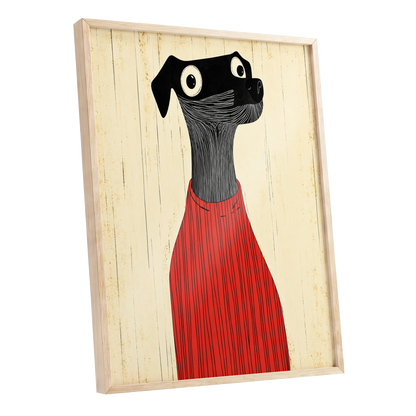 Red Jumper Hound, black, beige, red nature wall art shown as a oak framed poster wall art print