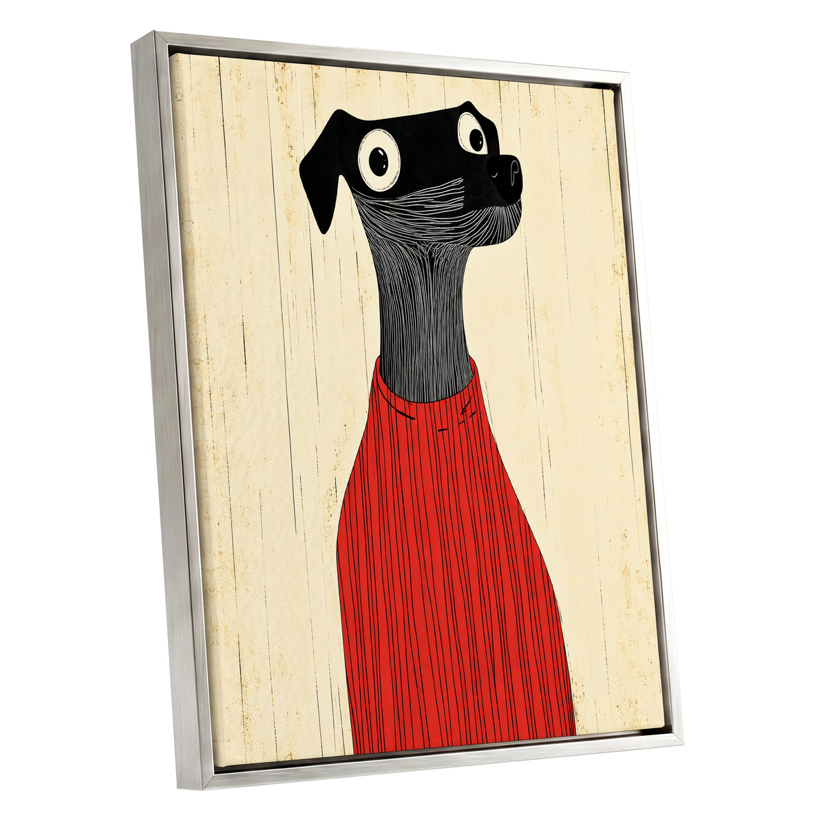 Red Jumper Hound, black, beige, red nature wall art shown as a silver framed canvas wall art
