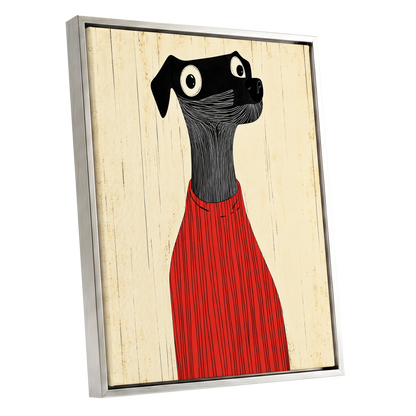Red Jumper Hound, black, beige, red nature wall art shown as a silver framed canvas wall art