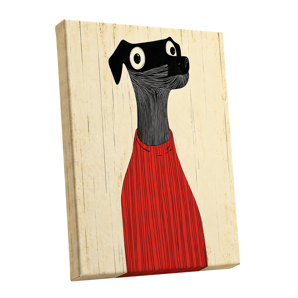 Red Jumper Hound, black, beige, red nature wall art shown as a stretched canvas wall art