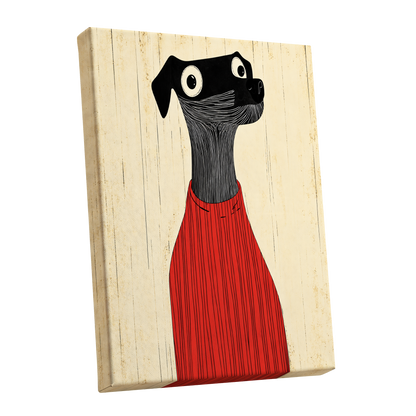 Red Jumper Hound, black, beige, red nature wall art shown as a stretched canvas wall art