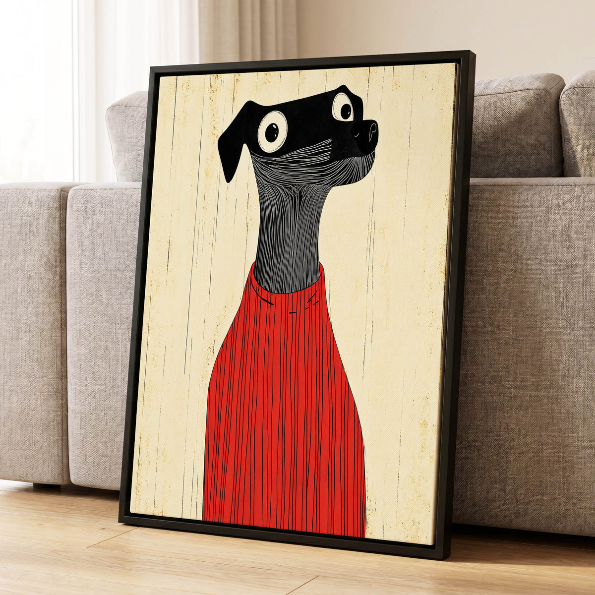 Red Jumper Hound, black, beige, red nature wall art displayed in a styled interior, gallery view 1