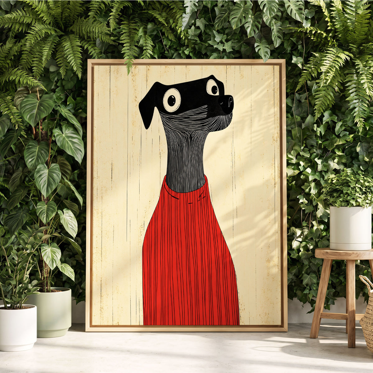 Red Jumper Hound, black, beige, red nature wall art displayed in a styled interior, gallery view 2