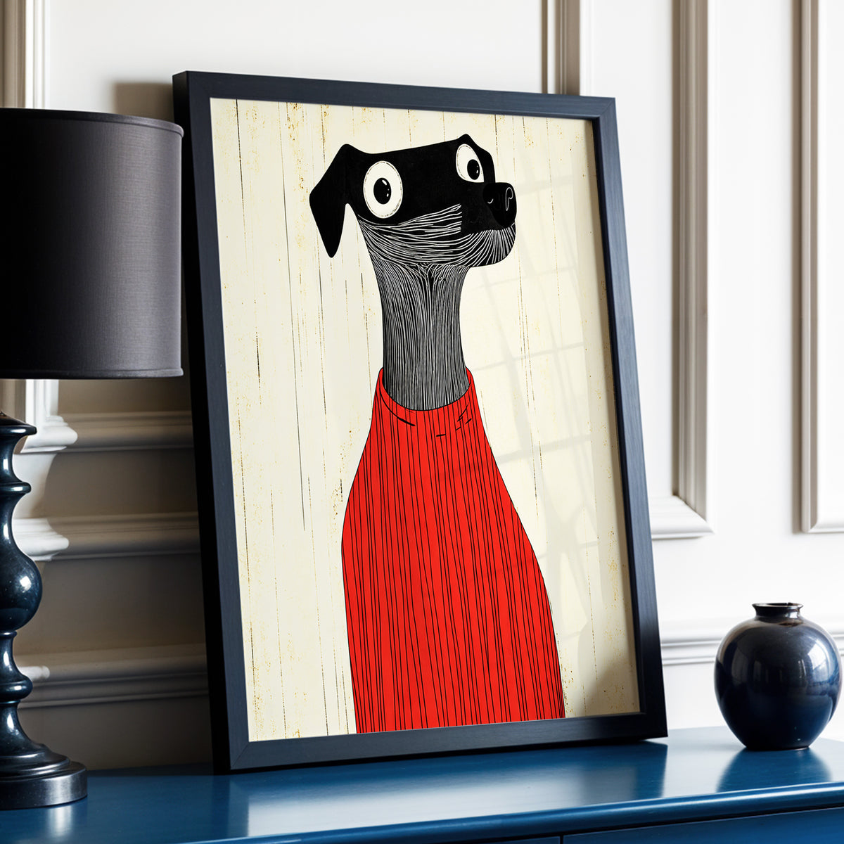 Red Jumper Hound, black, beige, red nature wall art displayed in a styled interior, gallery view 3
