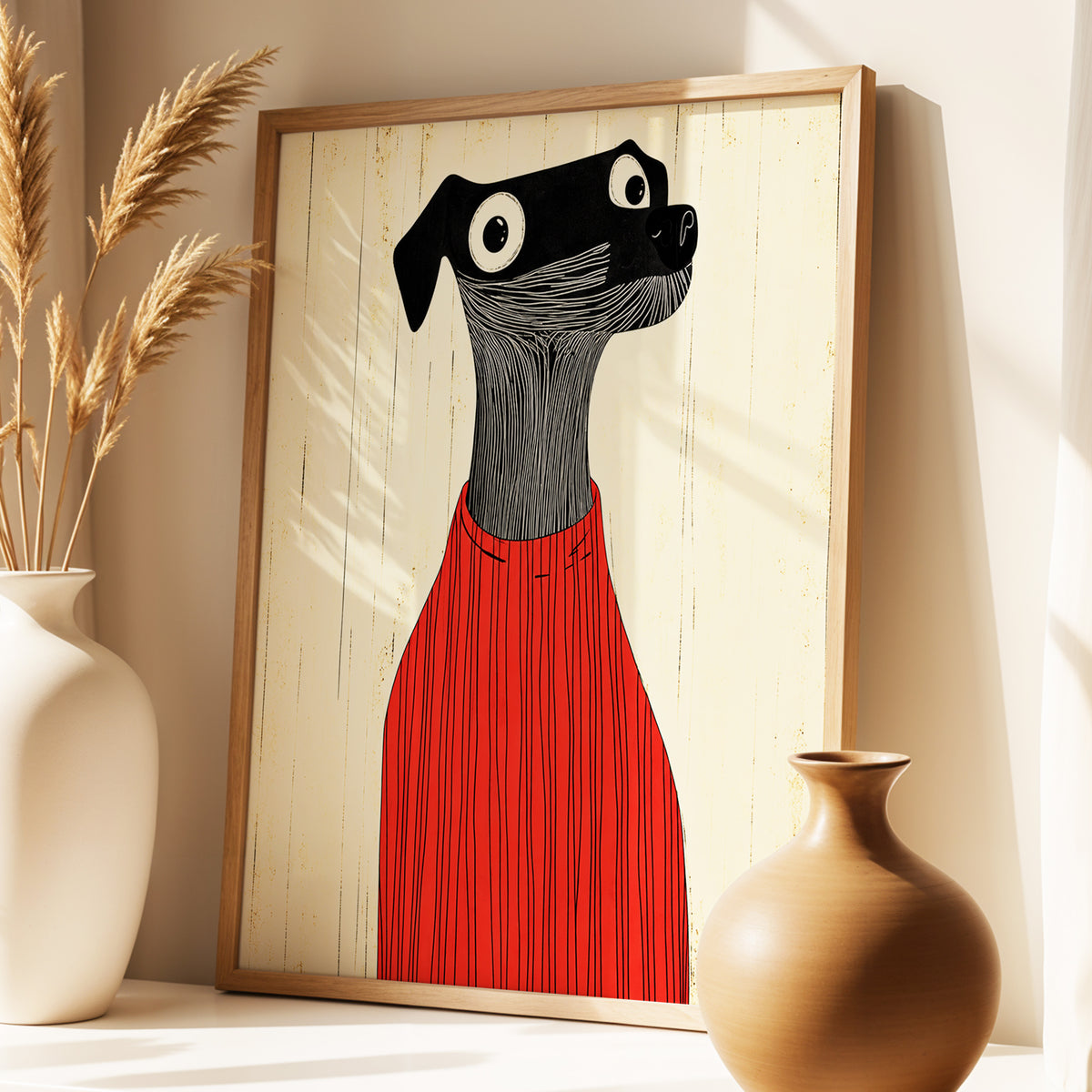 Red Jumper Hound, black, beige, red nature wall art displayed in a styled interior, gallery view 5
