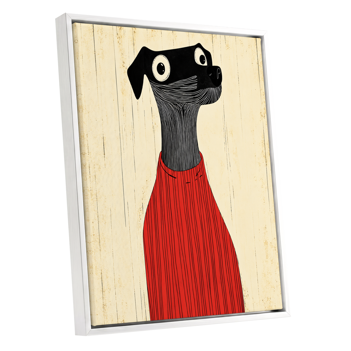 Red Jumper Hound, black, beige, red nature wall art shown as a white framed canvas wall art