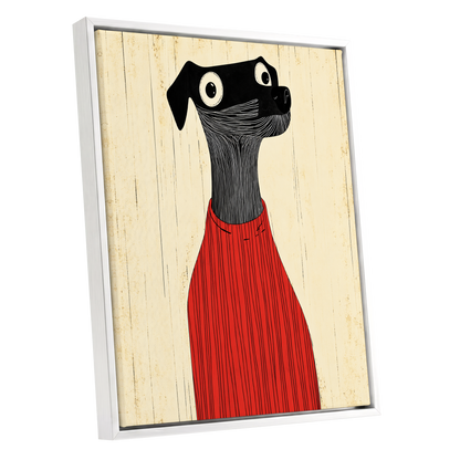 Red Jumper Hound, black, beige, red nature wall art shown as a white framed canvas wall art