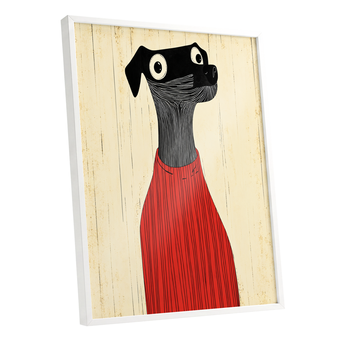 Red Jumper Hound, black, beige, red nature wall art shown as a white framed poster wall art print