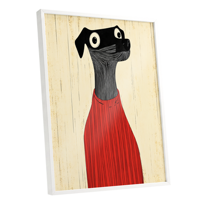 Red Jumper Hound, black, beige, red nature wall art shown as a white framed poster wall art print