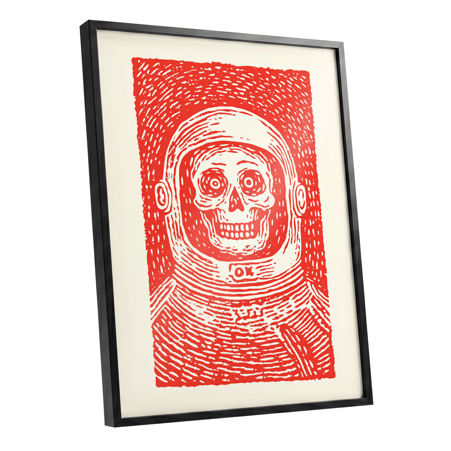 Red Orbit, red, beige, white minimalist wall art shown as a black framed poster wall art print