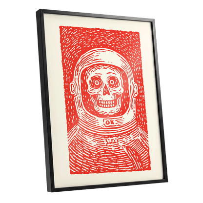 Red Orbit, red, beige, white minimalist wall art shown as a black framed poster wall art print