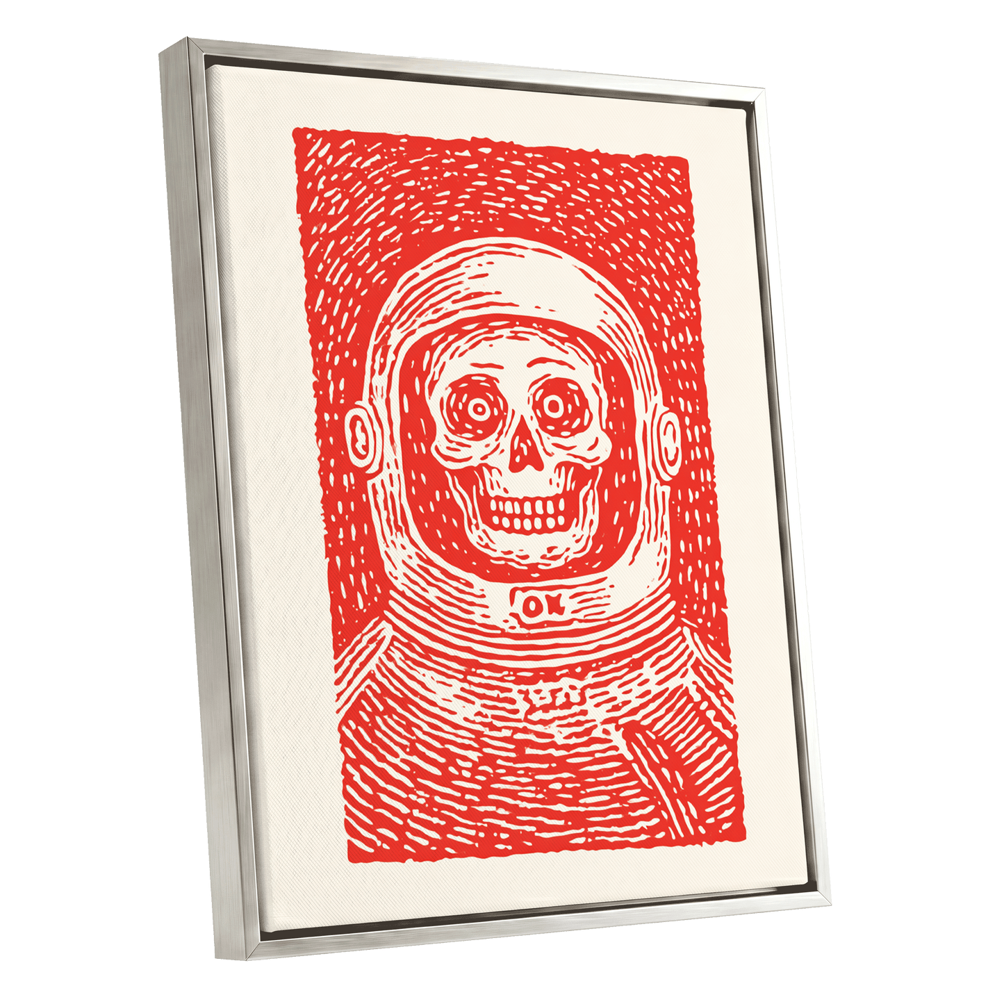 Red Orbit, red, beige, white minimalist wall art shown as a silver framed canvas wall art