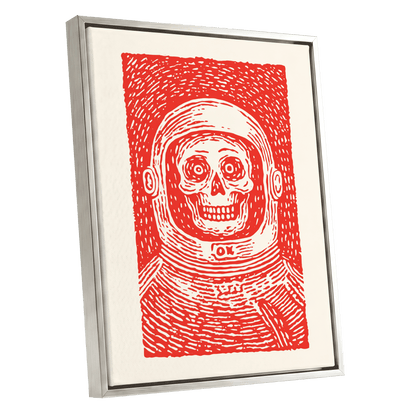 Red Orbit, red, beige, white minimalist wall art shown as a silver framed canvas wall art