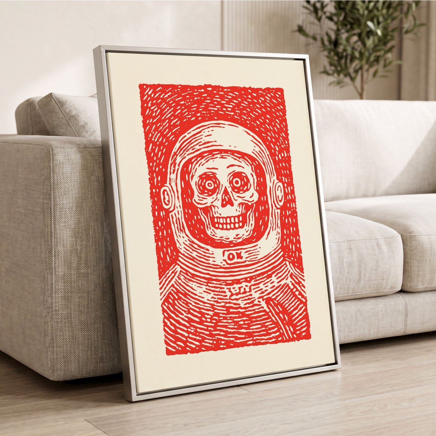 Red Orbit, red, beige, white minimalist wall art displayed in a styled interior, gallery view 2