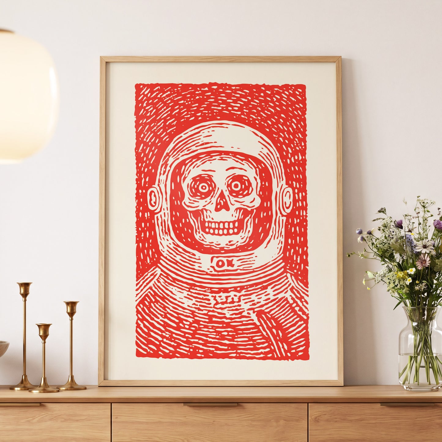Red Orbit, red, beige, white minimalist wall art displayed in a styled interior, gallery view 5