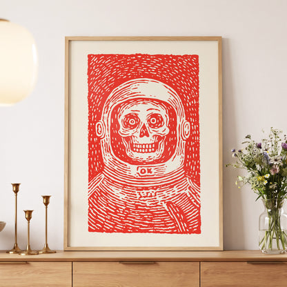 Red Orbit, red, beige, white minimalist wall art displayed in a styled interior, gallery view 5