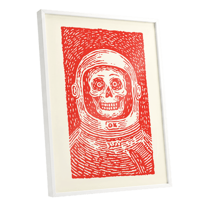 Red Orbit, red, beige, white minimalist wall art shown as a white framed poster wall art print