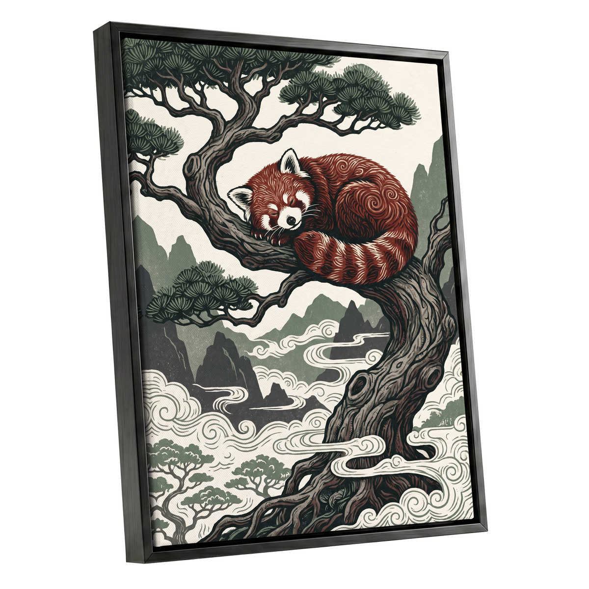 Red Panda Reverie, red, green, beige nature wall art shown as a black framed canvas wall art