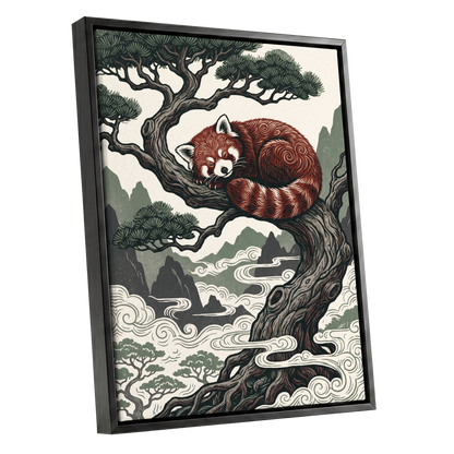 Red Panda Reverie, red, green, beige nature wall art shown as a black framed canvas wall art