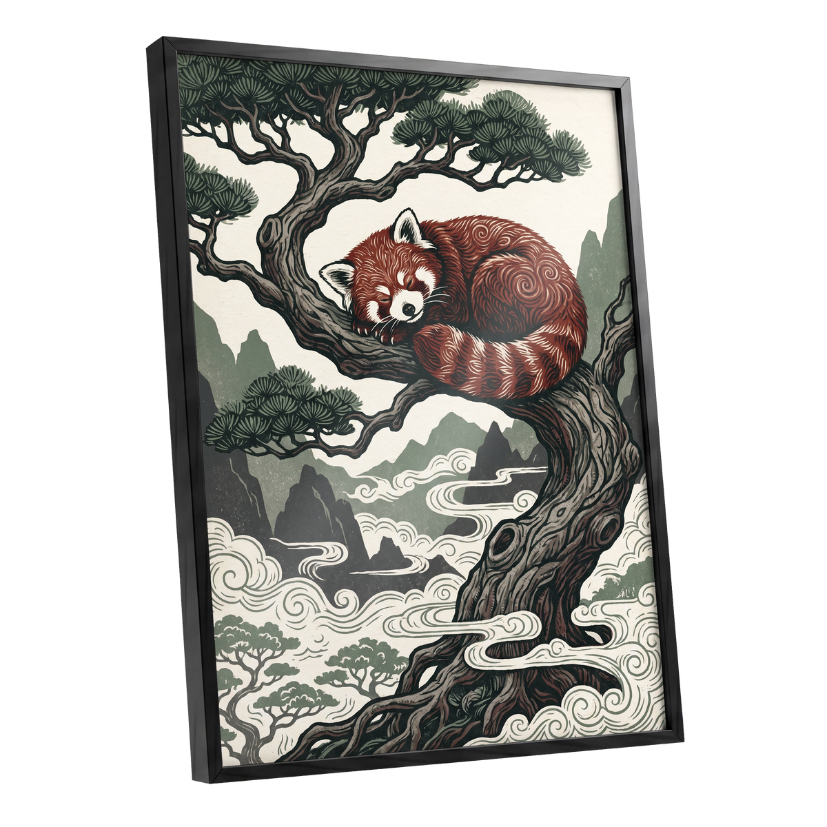 Red Panda Reverie, red, green, beige nature wall art shown as a black framed poster wall art print