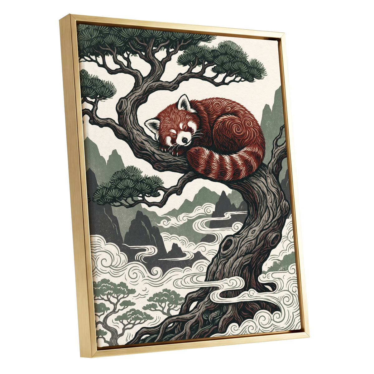 Red Panda Reverie, red, green, beige nature wall art shown as a gold framed canvas wall art