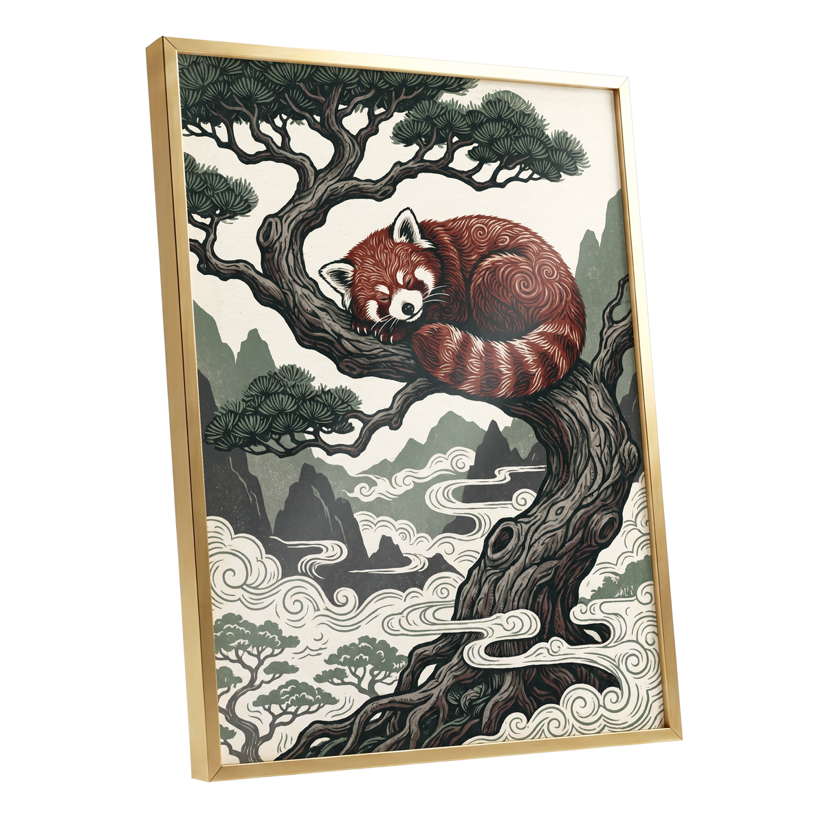 Red Panda Reverie, red, green, beige nature wall art shown as a gold framed poster wall art print