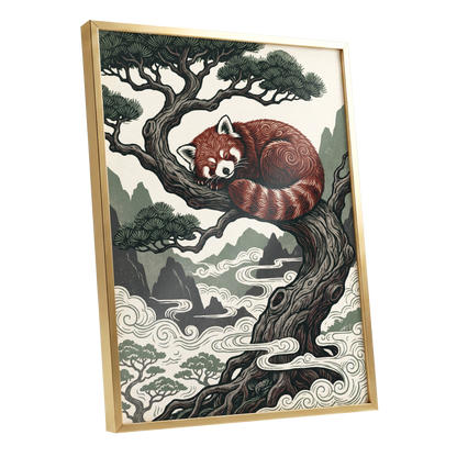 Red Panda Reverie, red, green, beige nature wall art shown as a gold framed poster wall art print
