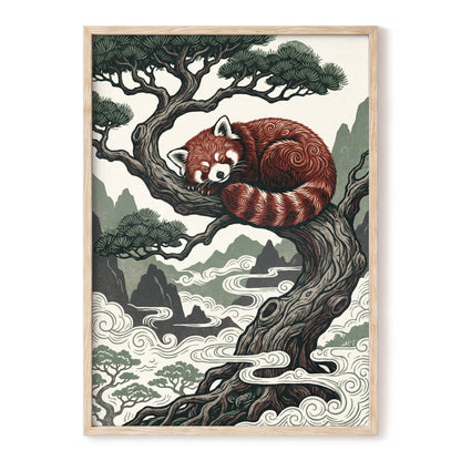 Red Panda Reverie, red, green, beige nature wall art, front artwork view