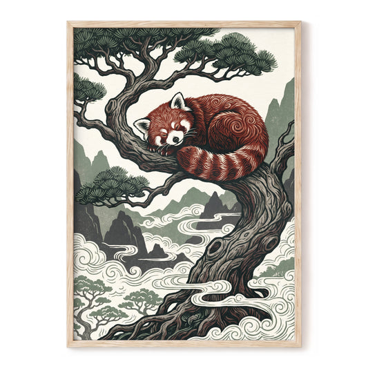 Red Panda Reverie, red, green, beige nature wall art, front artwork view