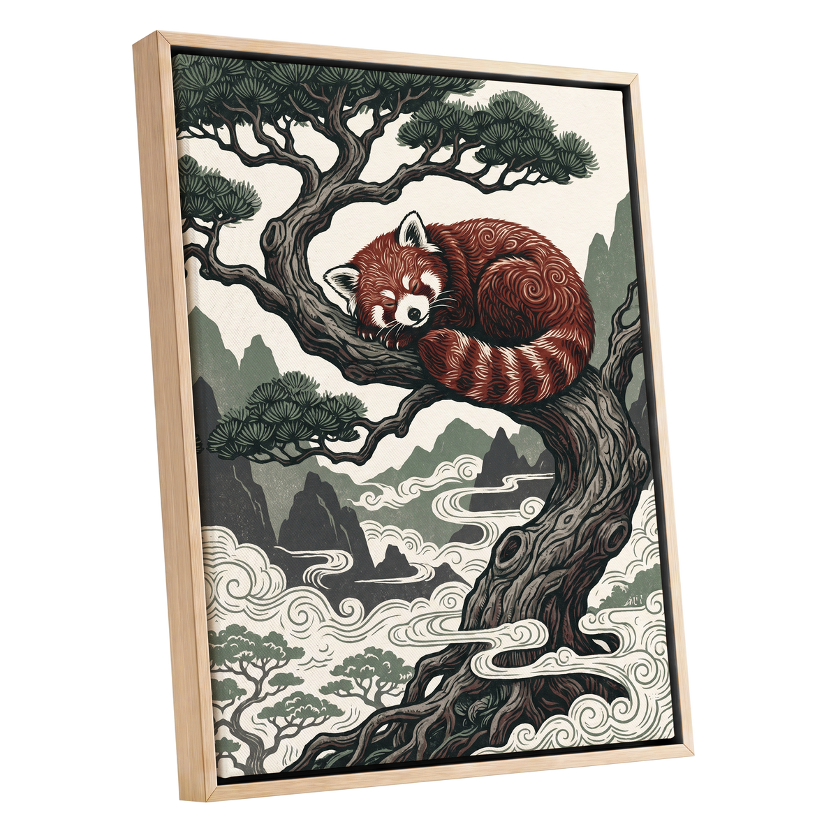 Red Panda Reverie, red, green, beige nature wall art shown as a oak framed canvas wall art