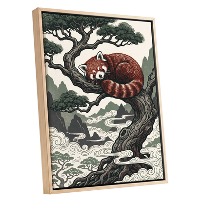 Red Panda Reverie, red, green, beige nature wall art shown as a oak framed canvas wall art