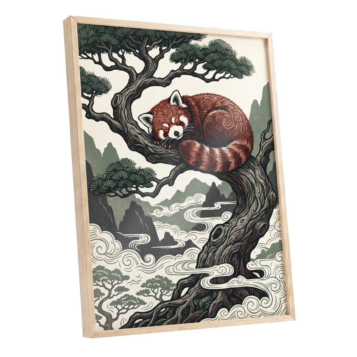 Red Panda Reverie, red, green, beige nature wall art shown as a oak framed poster wall art print