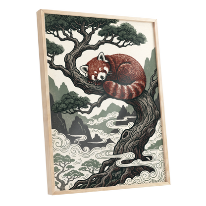 Red Panda Reverie, red, green, beige nature wall art shown as a oak framed poster wall art print