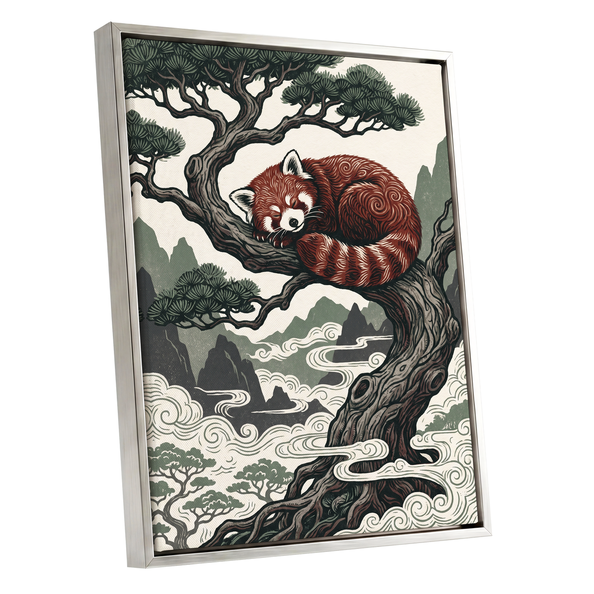 Red Panda Reverie, red, green, beige nature wall art shown as a silver framed canvas wall art