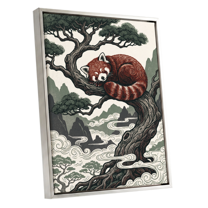 Red Panda Reverie, red, green, beige nature wall art shown as a silver framed canvas wall art