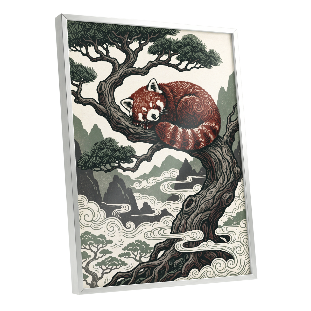 Red Panda Reverie, red, green, beige nature wall art shown as a silver framed poster wall art print