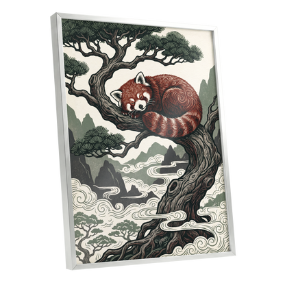 Red Panda Reverie, red, green, beige nature wall art shown as a silver framed poster wall art print