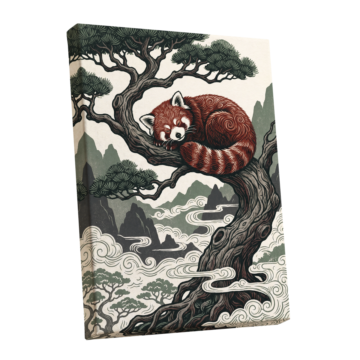 Red Panda Reverie, red, green, beige nature wall art shown as a stretched canvas wall art