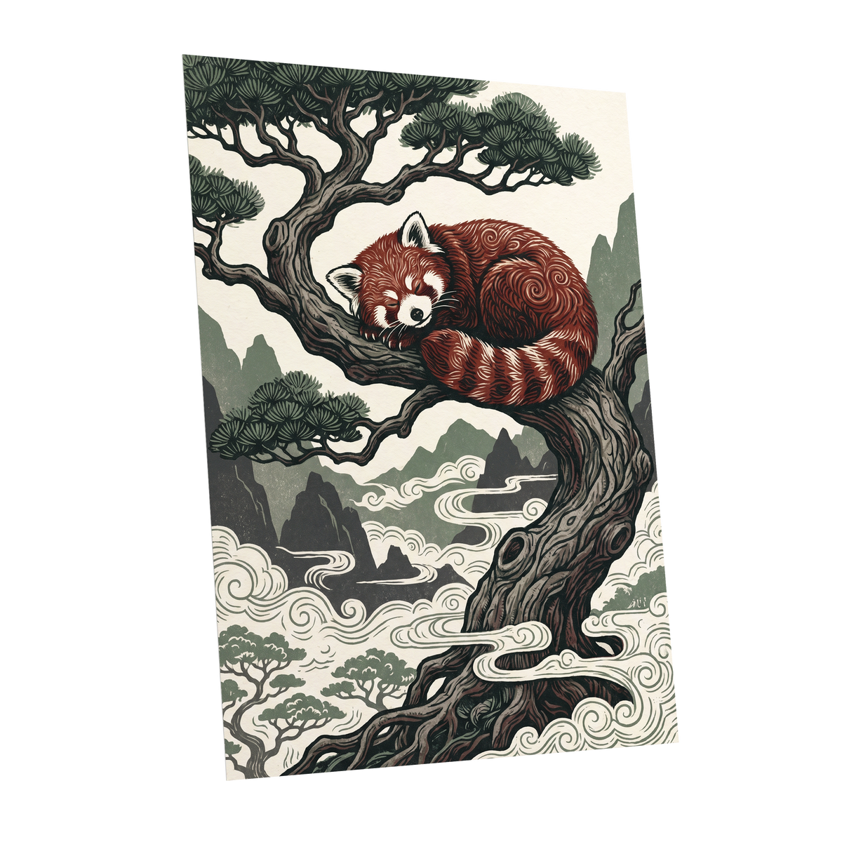 Red Panda Reverie, red, green, beige nature wall art shown as a unframed poster wall art print