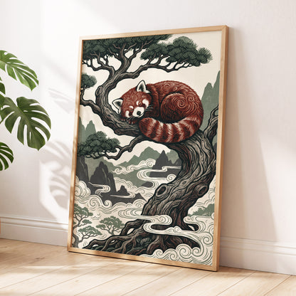 Red Panda Reverie, red, green, beige nature wall art displayed in a styled interior, gallery view 2