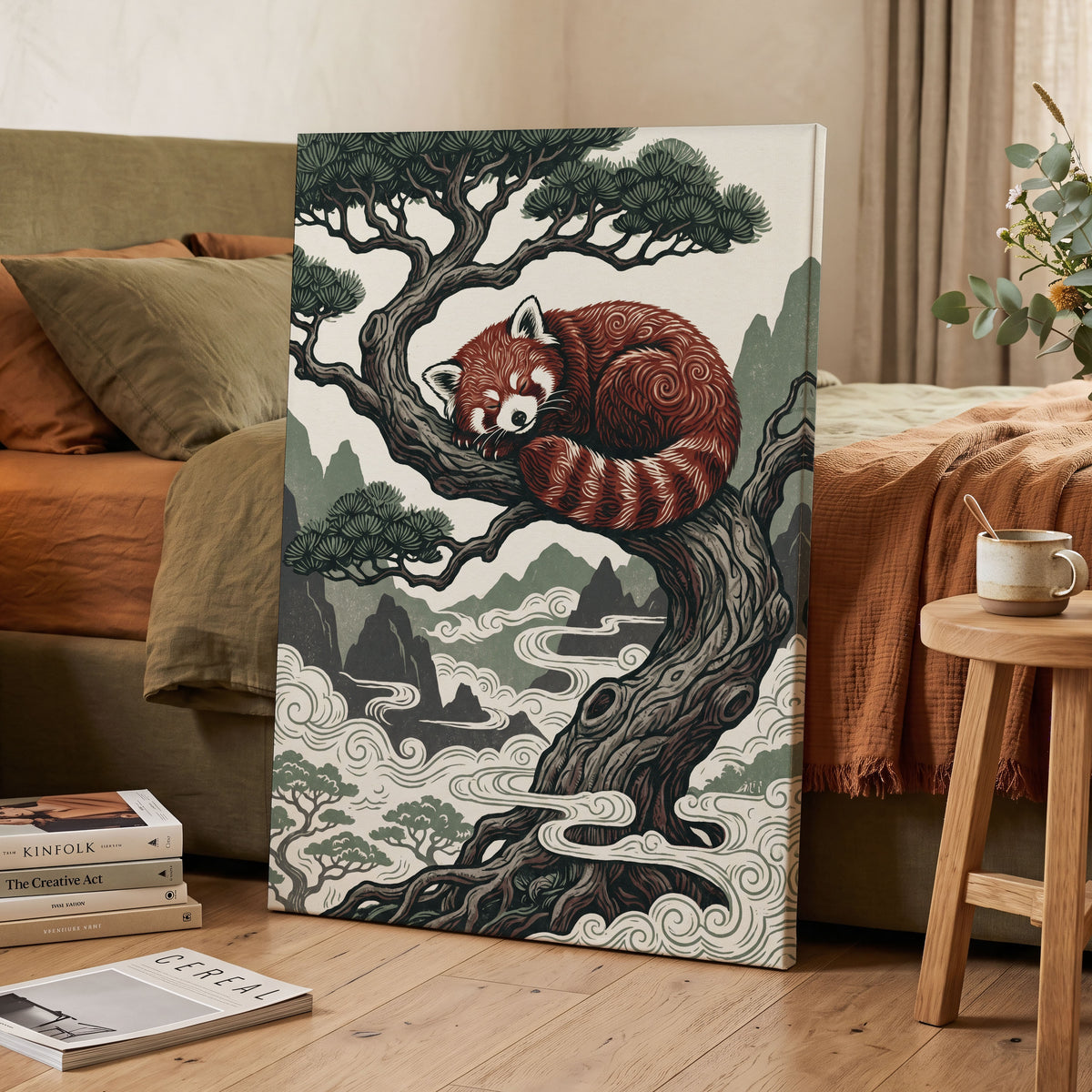 Red Panda Reverie, red, green, beige nature wall art displayed in a styled interior, gallery view 3