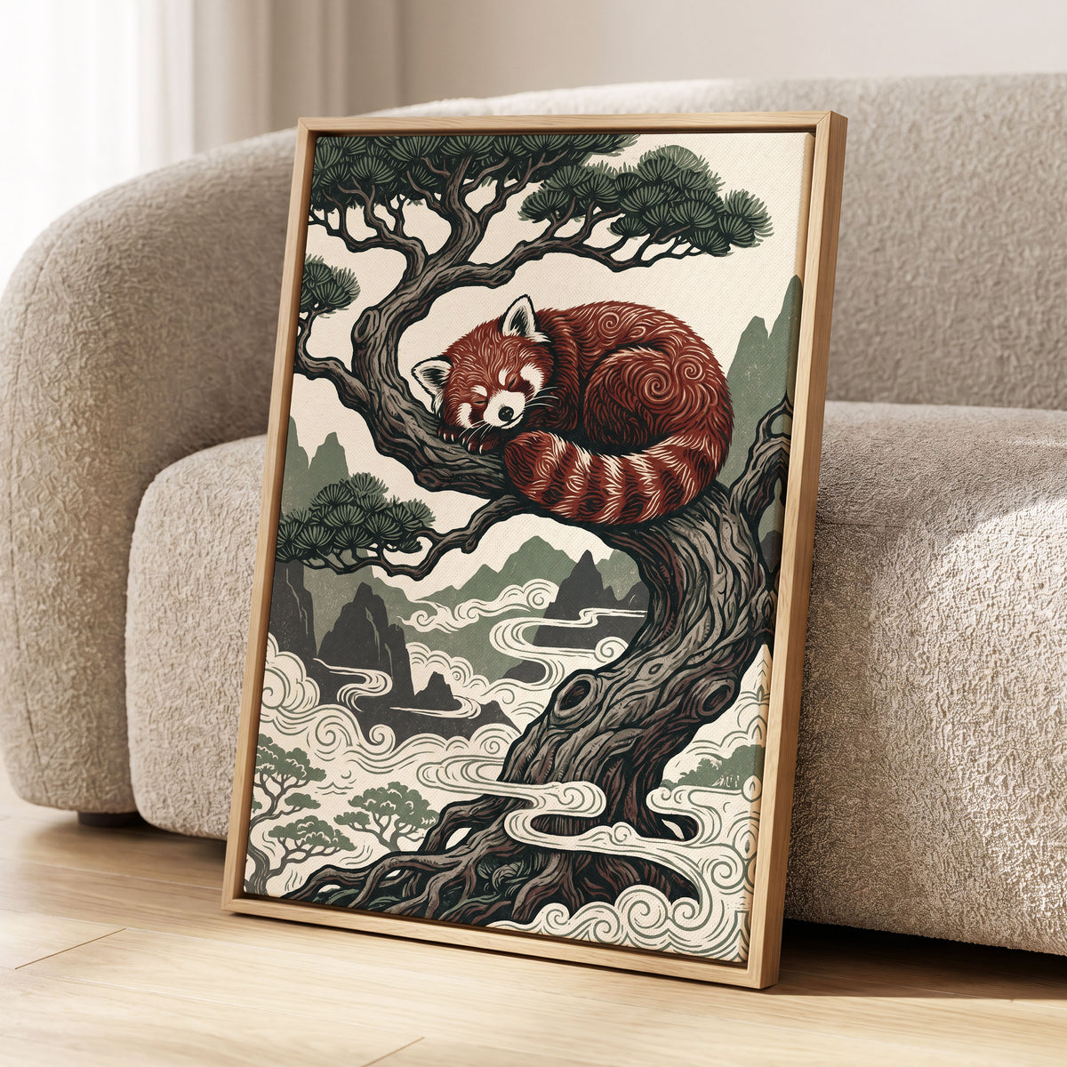 Red Panda Reverie, red, green, beige nature wall art displayed in a styled interior, gallery view 4