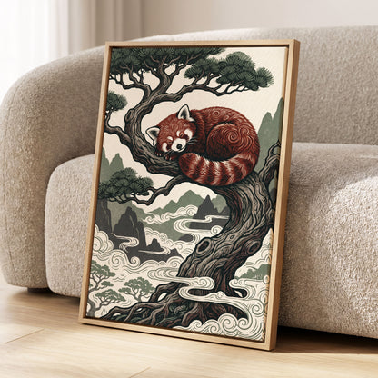 Red Panda Reverie, red, green, beige nature wall art displayed in a styled interior, gallery view 4