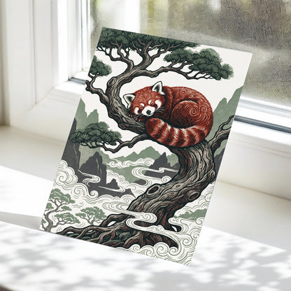 Red Panda Reverie, red, green, beige nature wall art displayed in a styled interior, gallery view 5