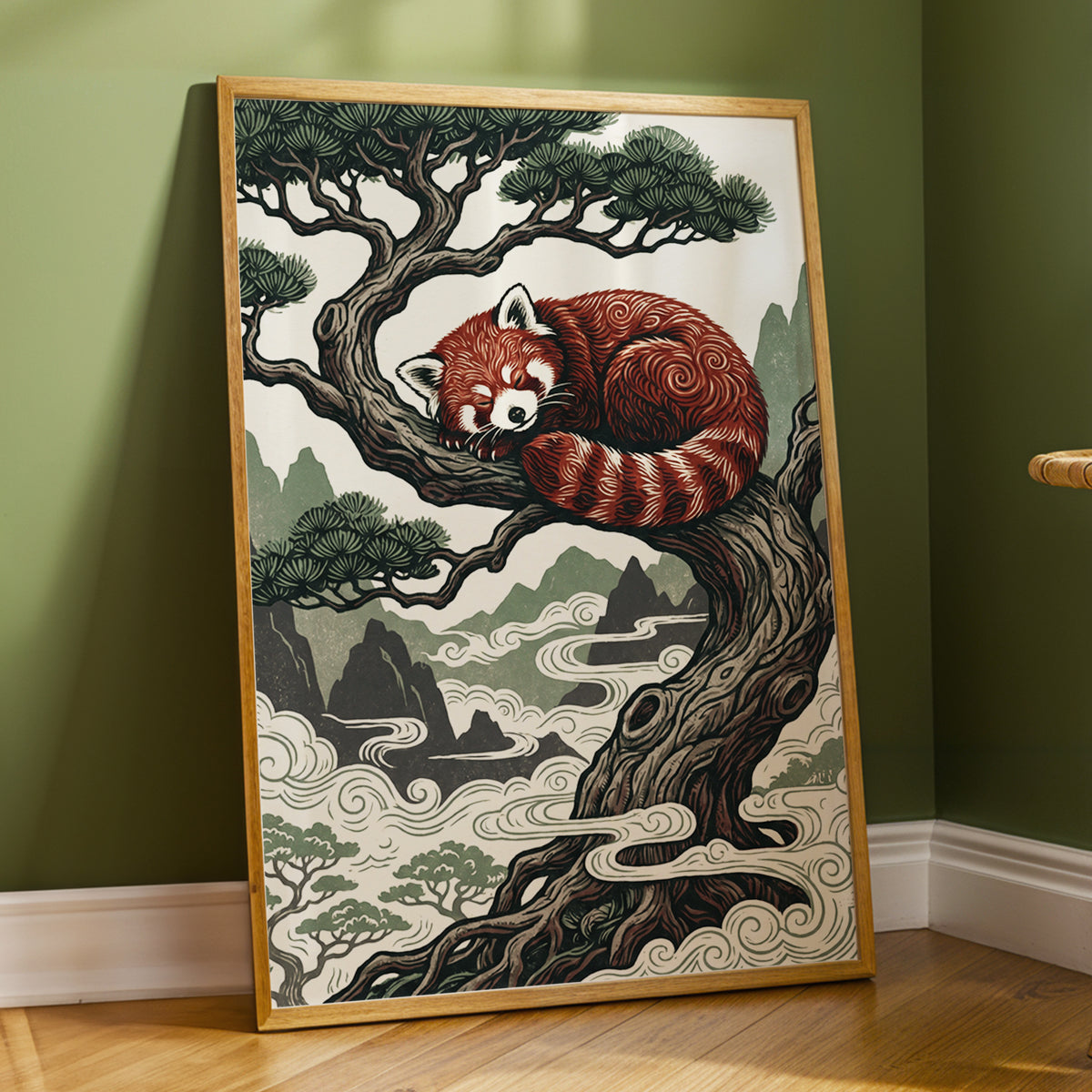 Red Panda Reverie, red, green, beige nature wall art displayed in a styled interior, gallery view 6