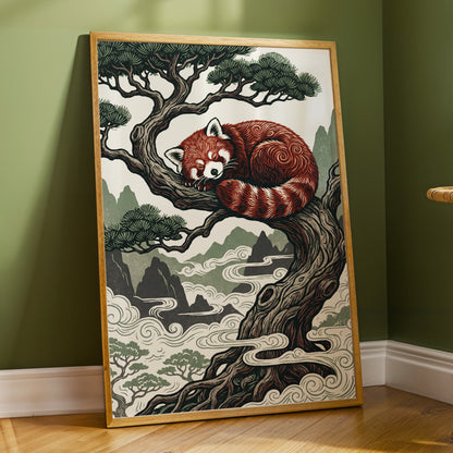 Red Panda Reverie, red, green, beige nature wall art displayed in a styled interior, gallery view 6